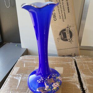 Cobalt Blue Asian Floral/Birds Vase Ruffled edge gold gilded GUC BIN C